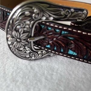 Ariat Brown Tooled Leather Belt with Turquoise Inlay and Silver Buckle